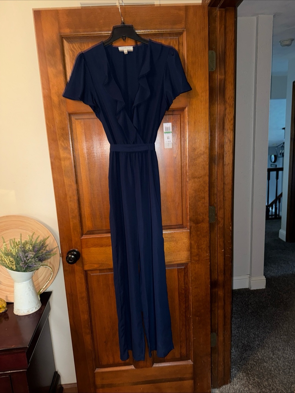 Kingston Grey Women's Juniors' Blue Belted Ruffled Jumpsuit Size L